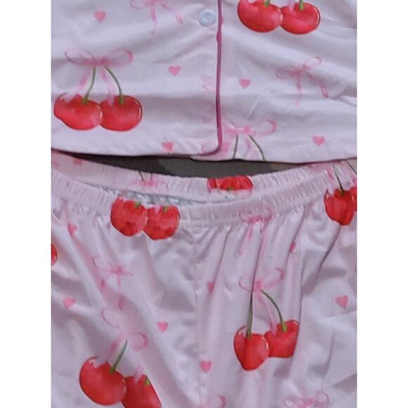 $NWOT Women's pink Cherry Bow PJ set button up shirt w/shorts. Barbiecore, XXL - Picture 8 of 9